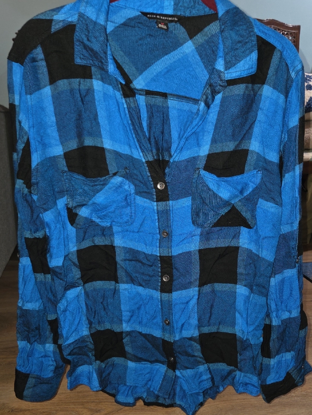 Rock & Republic Blue and Black Plaid Button-Down Shirt